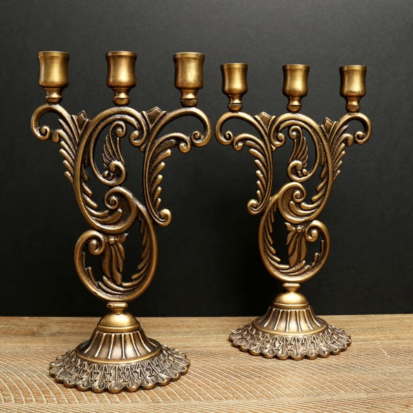 Vintage Brass Candlesticks, Triple Candleholder, set of 2