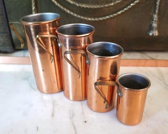 Vintage Copper and Brass Measuring Cups, Stackable, Rustic Farmhouse Kitchen