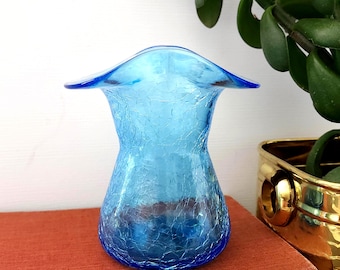 Jarrón de cristal azul craquelado, vidrio artístico soplado vintage