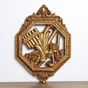 Vintage Wall Plaque | 1970s Gold Home Decor | MCM Musical Instrument Wall Art