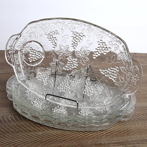 Vintage Glass Snack Trays, Anchor Hocking, Party Plates, Grape Pattern