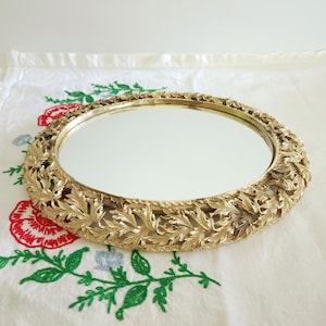 Vintage Gold Mirrored Vanity Tray | Ornate Oval Perfume Tray | Hollywood Regency Decor