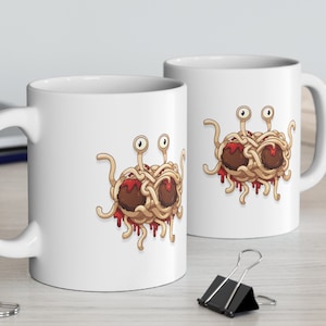 Flying Spaghetti Monster Coffee Mug. Atheism mug gift for humanist or secularist coworker or friend. Pastafarian anti theist gift idea