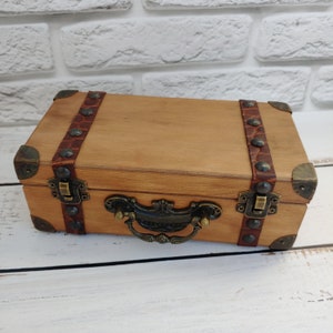Miniature suitcase box, Old Worn Suitcase, Men Jewelry Wooden box, Vintage trinket storage wood chest, Retro Valise, Luggage with leather