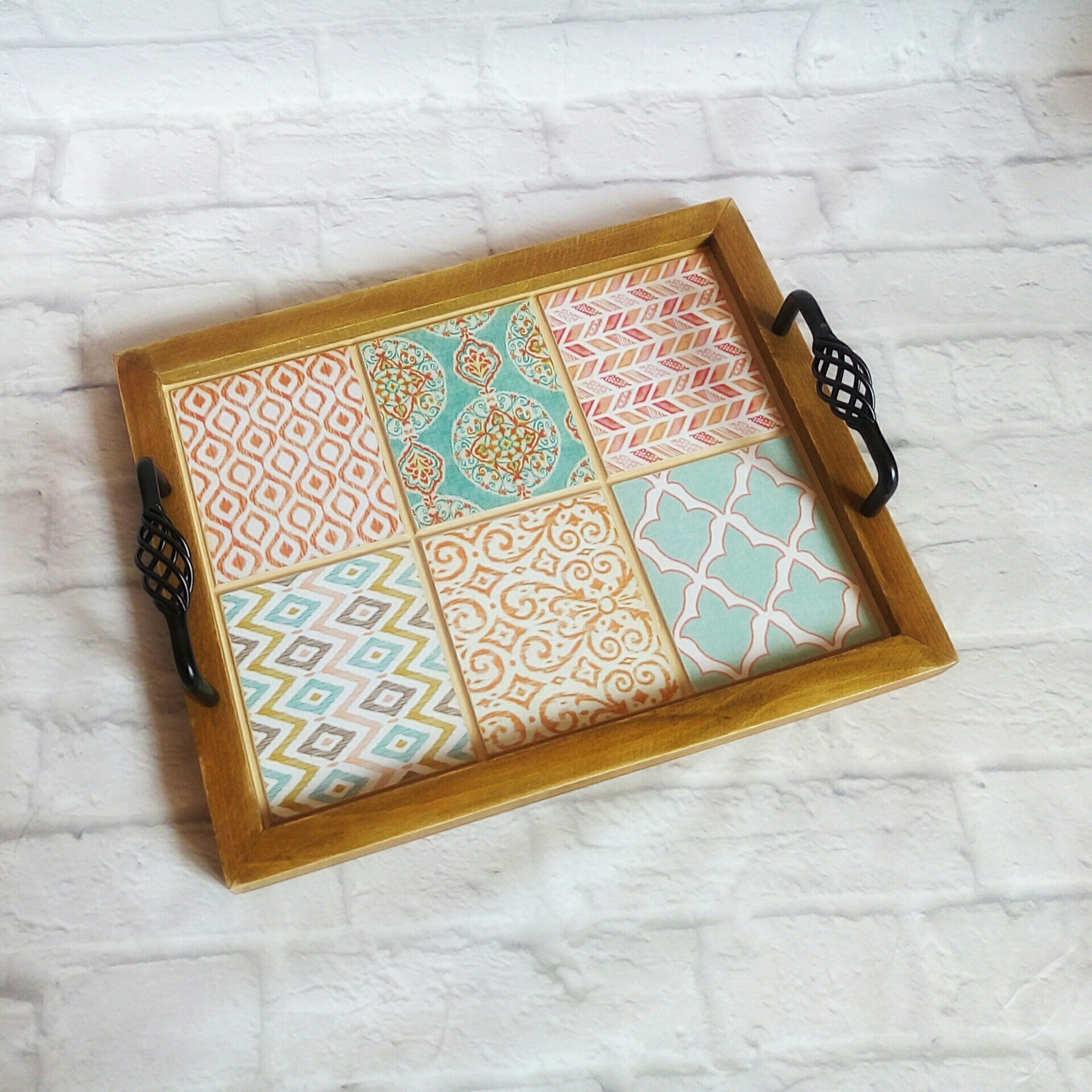 Ottoman Tray Tile tray Modern Serving Tray Geometric Wooden Etsy