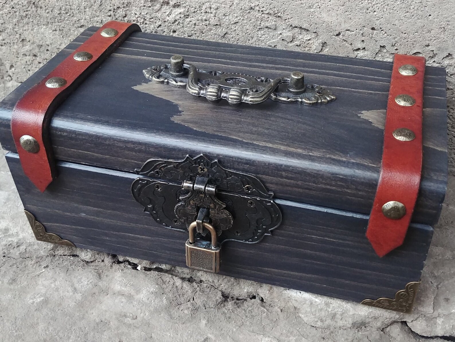 Black Treasure chest with padlock Wooden Keepsake chest Wood Etsy