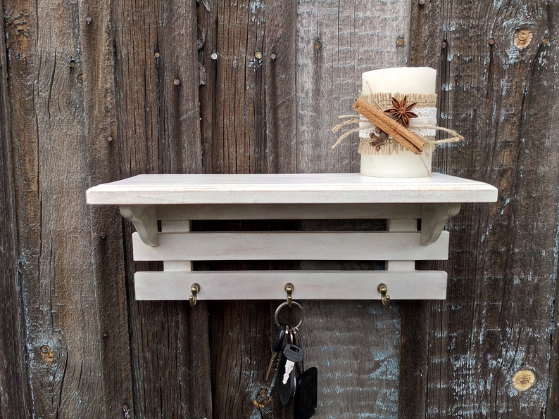 Entryway Shelf With Hooks Wall Organizer Rustic White Key Etsy