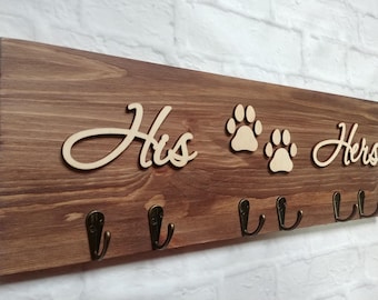 His Hers Paw wooden key holder for wall, Dog leash holder, Personalized hooks