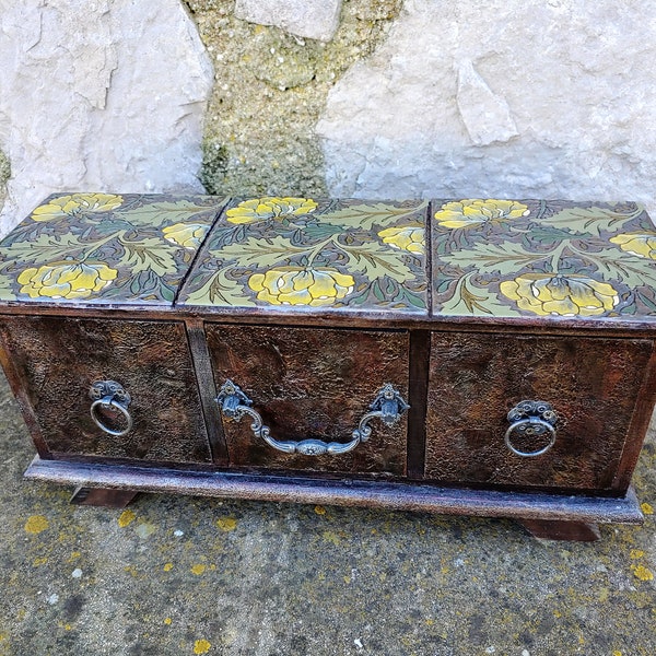 Mini chest yellow flowers, Wooden jewelry box with 3 drawers, Vintage storage chest, Desktop organizer, Makeup drawers, Gift for her