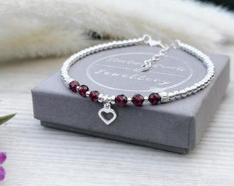 Dainty Garnet Birthstone Bracelet with Sterling Silver Heart Charm