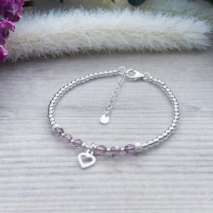 Light Amethyst June Crystal Bracelet, Dainty Sterling Silver Heart Charm Bracelet, Birthday Gift