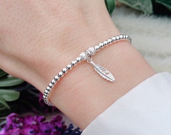 Dainty Sterling Silver Feather Bracelet, Angel Feather Bracelet Gift, Handmade Gift