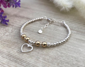 Sterling Silver and Gold Filled Heart Charm Bracelet, Silver and Gold Filled Beaded Heart Bracelet, Handmade Birthday Gift