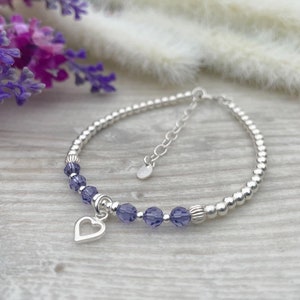 Tanzanite Crystal and Sterling Silver Heart Charm Bracelet, December Birthstone Bracelet, Handmade Birthday Gift