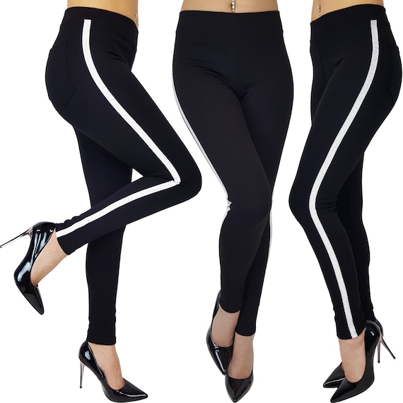 Womens Ladies Black Full Length Skinny Fit Leggings Silver Side Stripe Size  6 8 10 12 14 16 18 