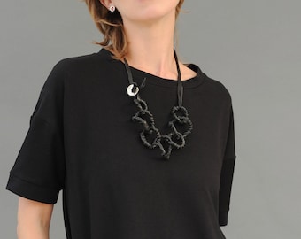 Chunky Black Leather Statement Necklace Coiled Leather Neckless Silver and Leather Necklace Minimalist Statement Handmaid
