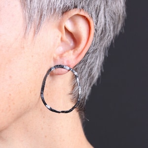 Oversized Hoops Minimalist Statement Earrings Forged Oxidized Silver Earrings