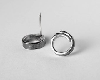 Hollow Circle Unisex Statement Stud Earrings Open Circle Solid Sterling Silver Hand Made Textured Oxidized Silver Geometric Casual