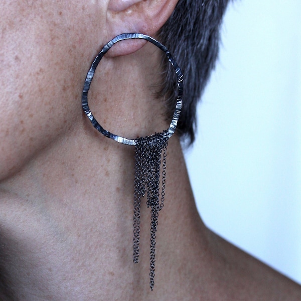 Oversized Chain Hoops Minimalist Statement Earrings Forged Oxidized Silver Earrings