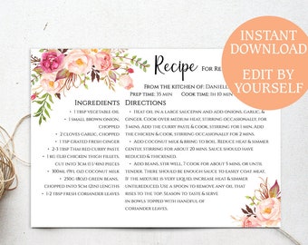Editable Recipe cards 5x7 Personlaized Recipe card template for Bridal Shower Floral Wedding recipe cards Instant download PDF print