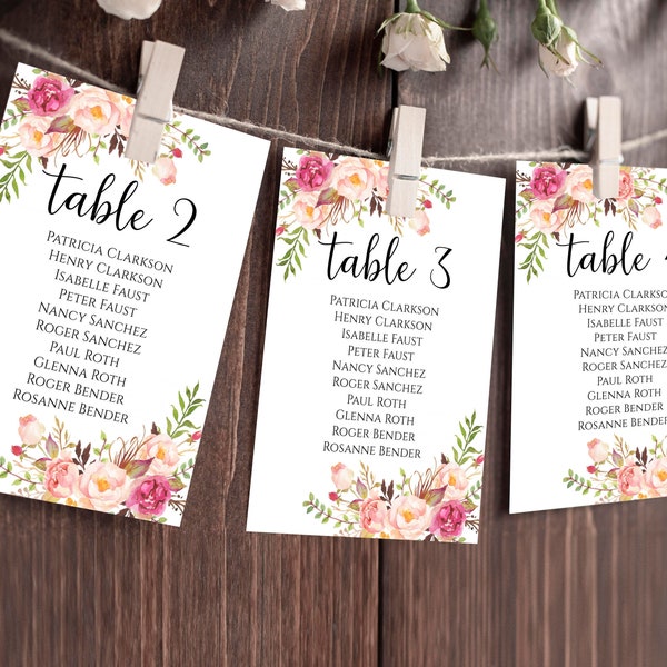 EDITABLE Floral Wedding Seating Chart Card Template, Printable Wedding Seating Chart Cards, Seating Chart Cards With Flowers