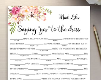 Wedding Mad Libs printable template Funny "Saying yes to the dress" DIY Download PDF JPEG instant