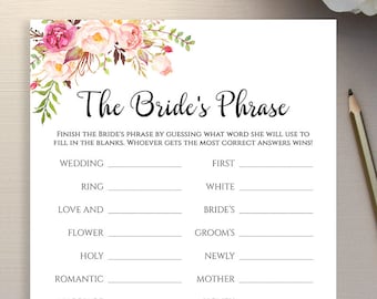Printable Finish the Bride's Phrase game Bridal Shower guests activity PDF JPEG Instant download