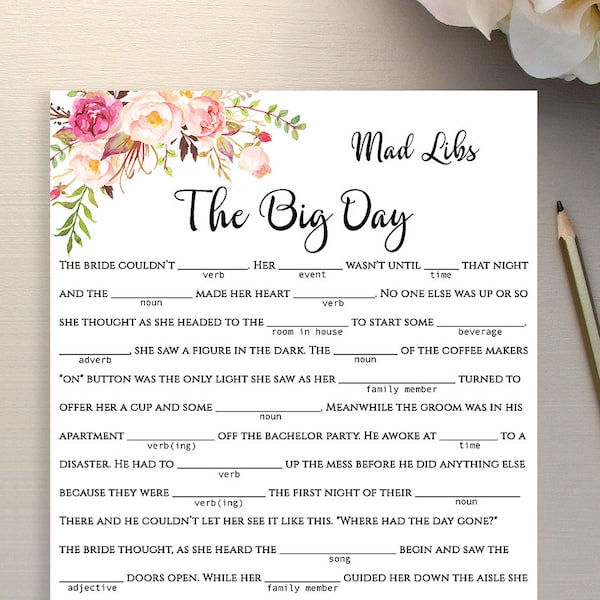 Mad Libs printable game "The Big Day" DIY Wedding template PDF JPEG Instant download