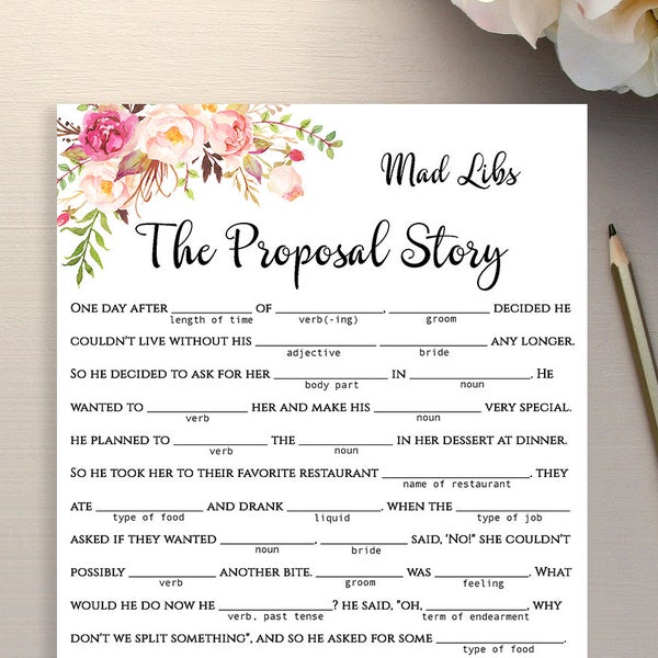 Printable Mad Libs game Funny floral custom Proposal story template Instant download PDF JPEG