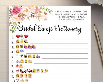 Emoji Pictionary Bridal Shower game printable Floral Bridal Emoji game template Instant download PDF JPEG 5x7