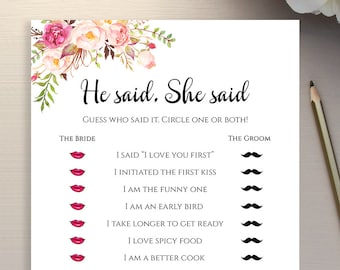 He said She said printable Bridal Shower game Instant download PDF JPEG template