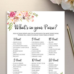 Whats in your Purse Bridal Shower game template Printable floral 5x7 inches game card Instant download PDF JPEG