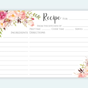 4x6 Recipe Cards Template Pink Peonies Bridal Shower 4 X 6 - Etsy