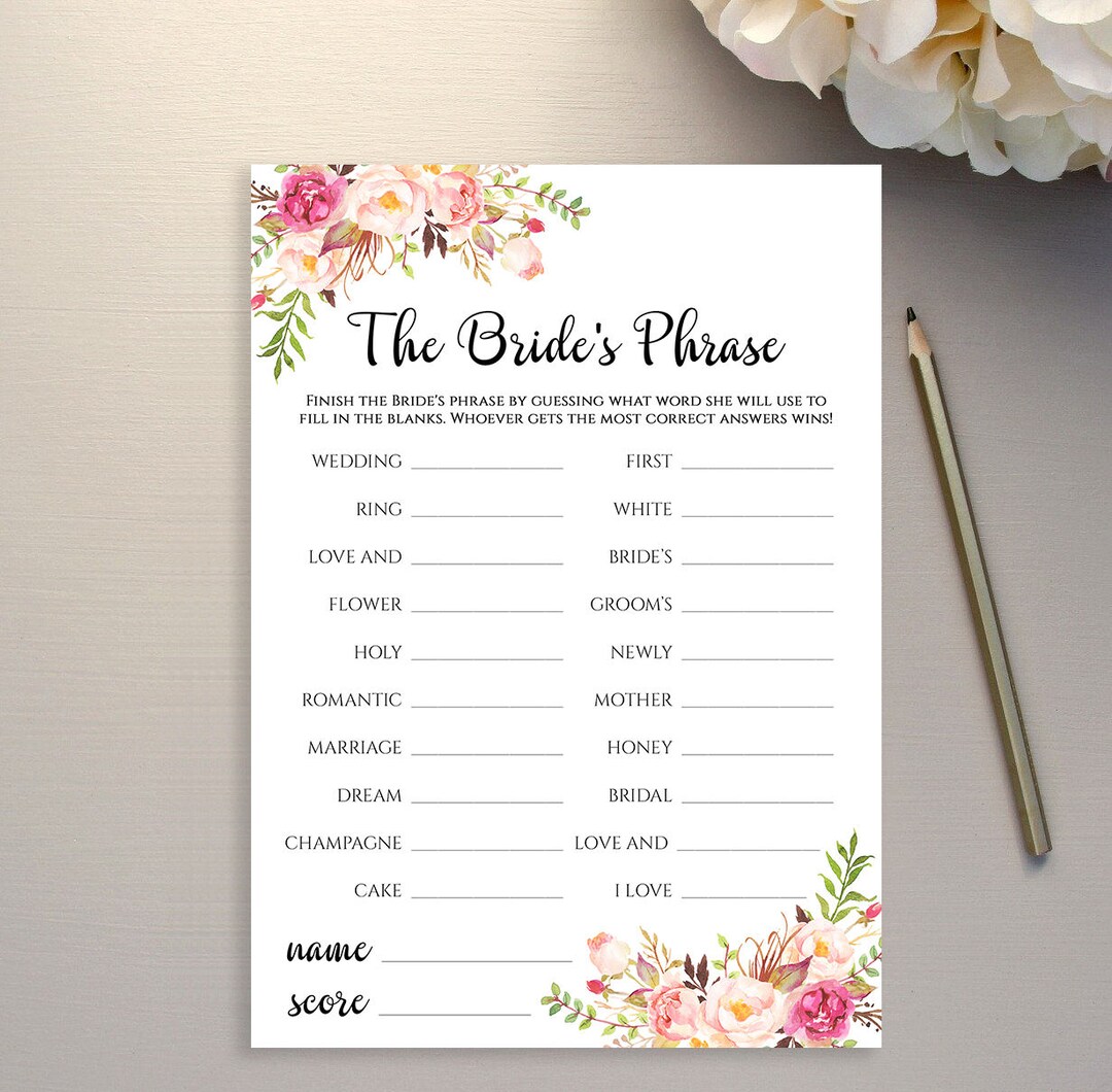 Printable Finish the Bride's Phrase Game Bridal Shower Guests Activity ...