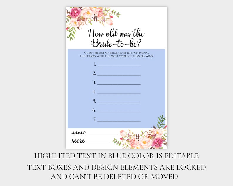 EDITABLE How Old Was the Bride to Be Game Printable Customable Bridal ...