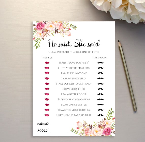 hawaii flowers printable bridal shower game He said She said game Bride or Groom game tropical floral instant download