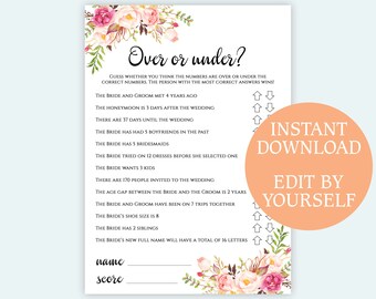 Over or Under Game, Editable Bridal Shower Game Template, Instant ...