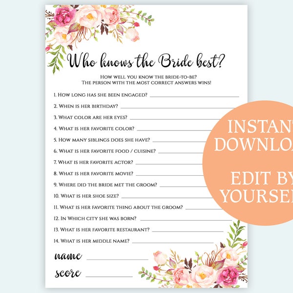 EDITABLE Who knows the Bride best game Printable custom Bridal Shower games Instant download PDF