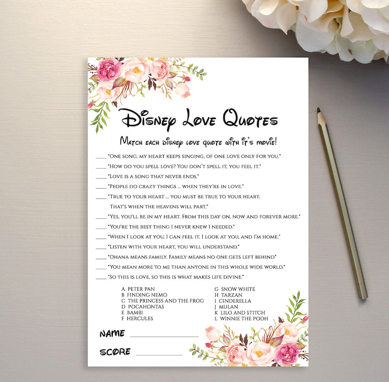 Disney Love Quote Game Printable Disney Quotes Bridal Shower Etsy