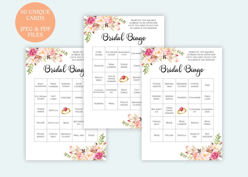 60 Unique Prefilled Bridal Shower Bingo Cards Printable Yellow Floral