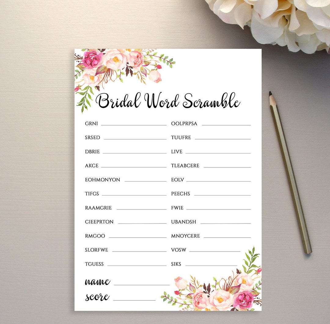 Bridal Shower Word Scramble Game Template Floral Word Scramble ...