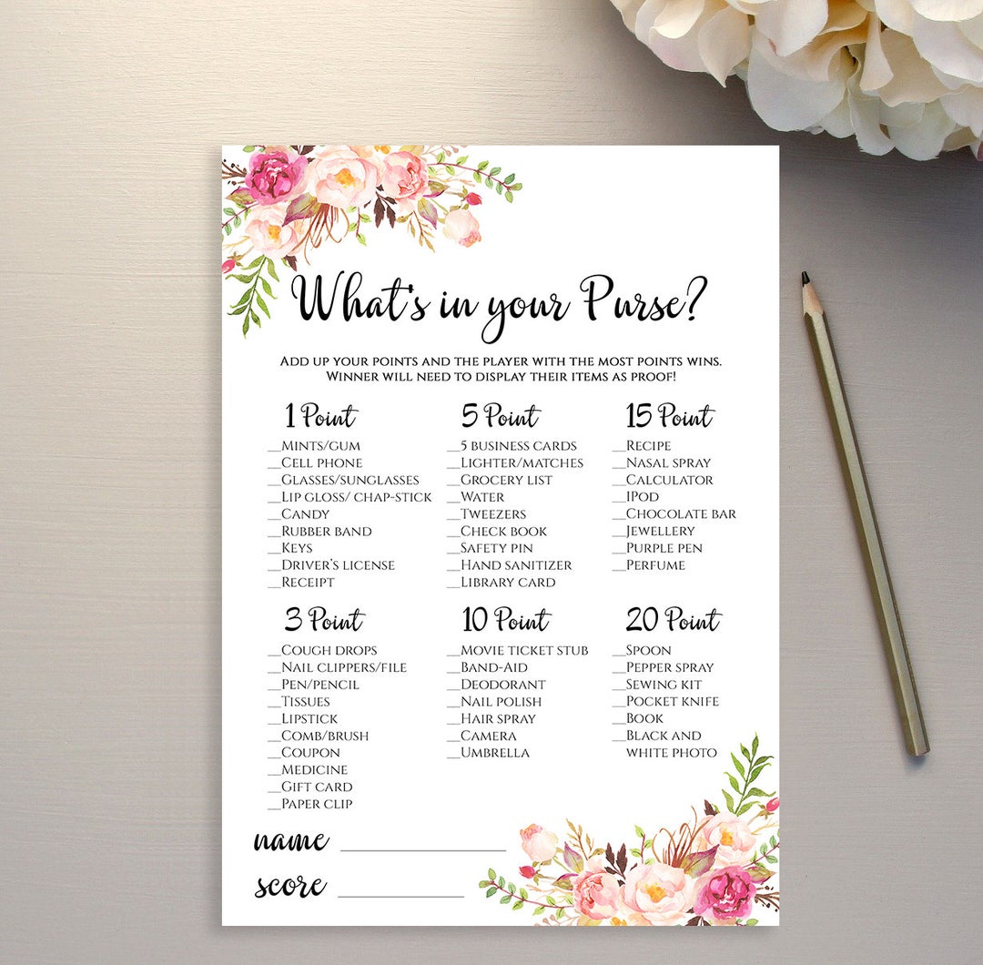 Whats in Your Purse Bridal Shower Game Template Printable Floral 5x7 ...