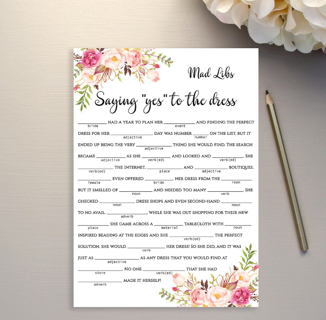 Wedding Mad Libs Printable Template Funny saying Yes to the Dress DIY