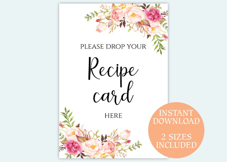 Please drop your Recipe card here sign Bridal shower recipe card sign 5x7 8x10 inches PDF Instant download signage image 1