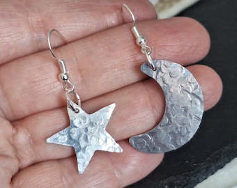 large Moon and Star mismatched earrings, celestial earrings,dangly hammered earrings,crescent moon earrings,odd earrings,asymmetric earring