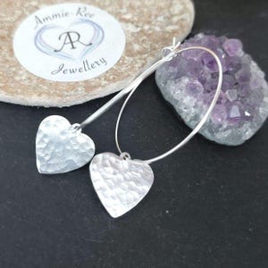 Heart dangle earrings,Valentines gift her,silver heart earrings,textured hearts,hammered earrings,silver hoops,big hoop earrings,gift direct