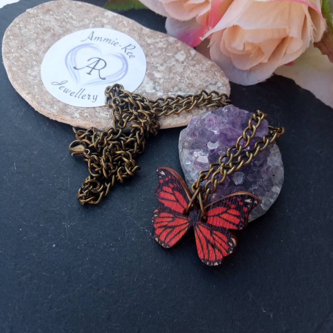Red Wooden Butterfly Necklace / Red Admiral Butterfly /button Etsy UK