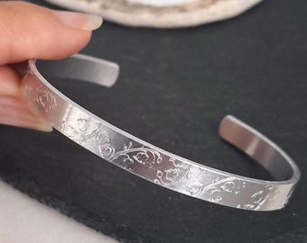 Lily of the Valley Cuff Bracelet, May Birth Flower Hand Stamped Bangle