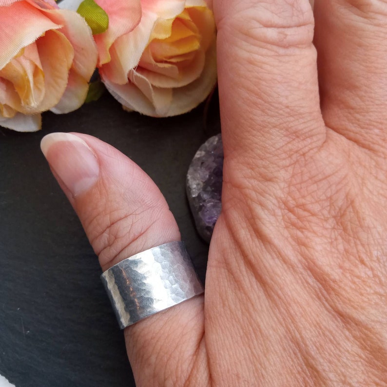 Rustic hammered wide band ring /unisex ring /silver hammered ring/large ring/ gifts for him/thumb ring/textured ring/open ring/cuff ring image 3