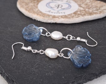 Freshwater pearl unique earrings,glass leaf earrings, white and blue jewellery, genuine pearl jewellery,  gift for mum,June birthday gift